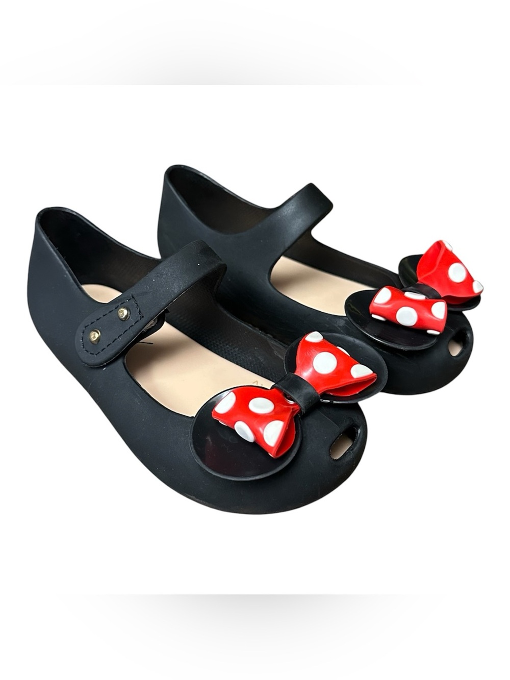 iFans Size 10 Girls Black jelly slip on Minnie red bow tie Velcro strap shoes